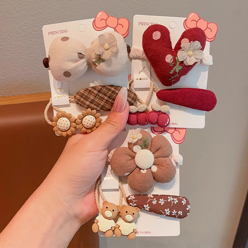 儿童可爱花朵小熊发卡皮筋组合酒红色杏色甜美女童扎马尾头饰发饰