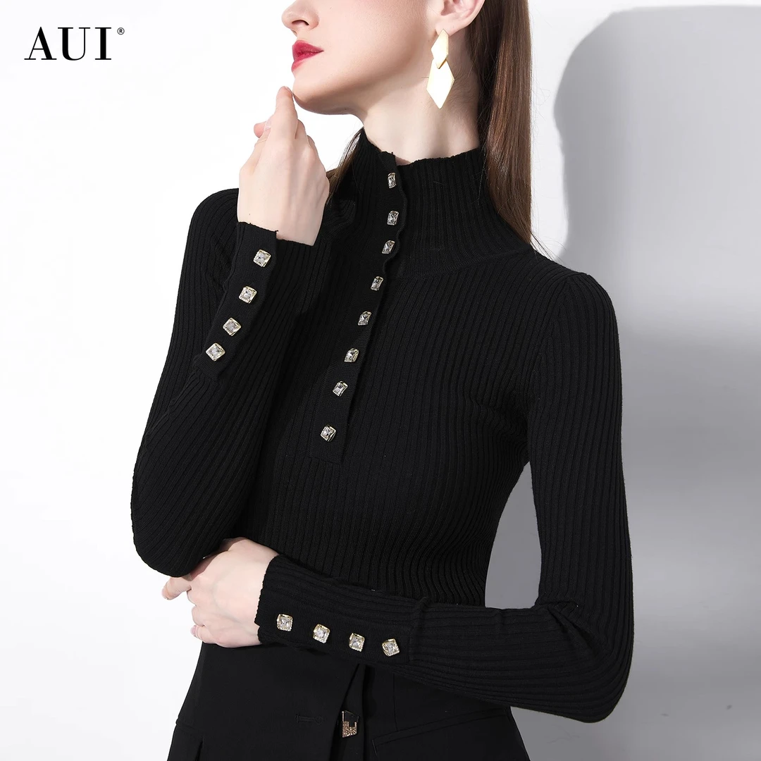 【媛媛女王专享】AUI黑色名媛气质高级感修身立领毛衣女-23Q122909