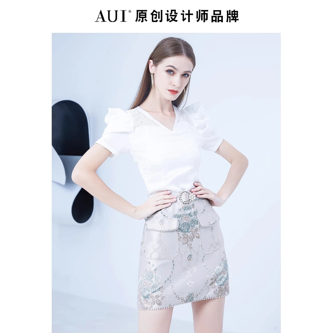 【诗语专属】AUI白色设计感泡泡袖蕾丝衬衫-21F068614