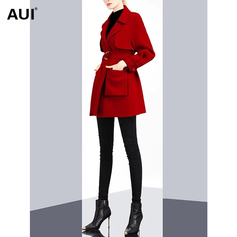 aui大红色呢子外套女2023小个子气质短款西装毛呢大衣20D097281