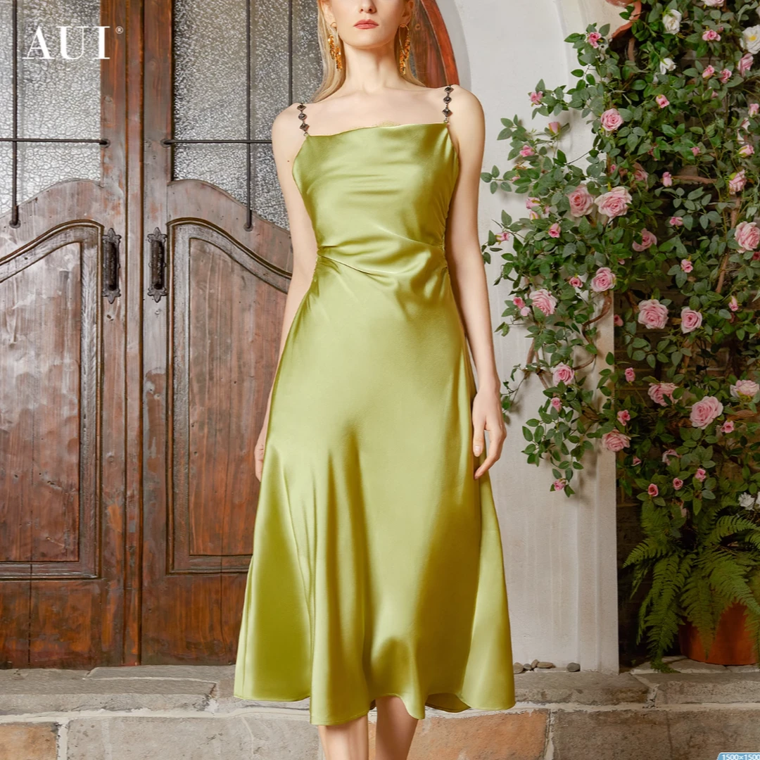 【韩诗诗专属】AUI绿色气质性感吊带连衣裙女包臀裙-24W013993