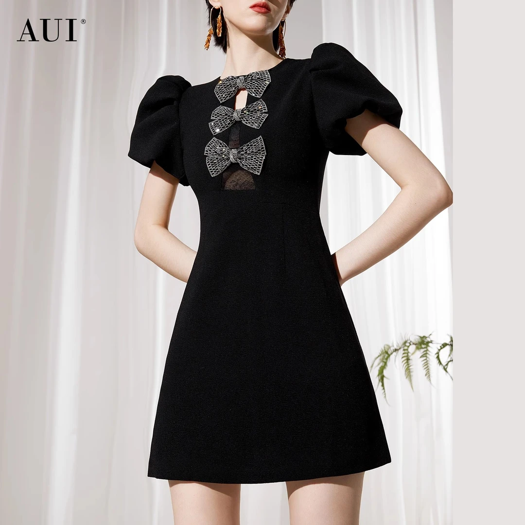 【老板娘夏天】AUI黑色设计感泡泡袖连衣裙收腰A字裙-24W014170