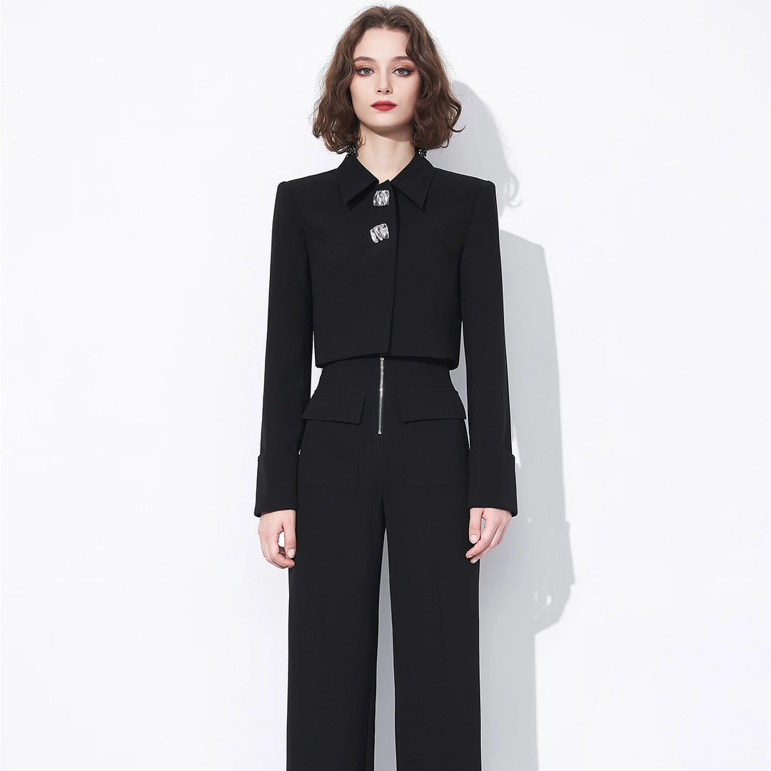 【诗语专属】AUI黑色新中式短外套阔腿裤两件套女装-23Q102917