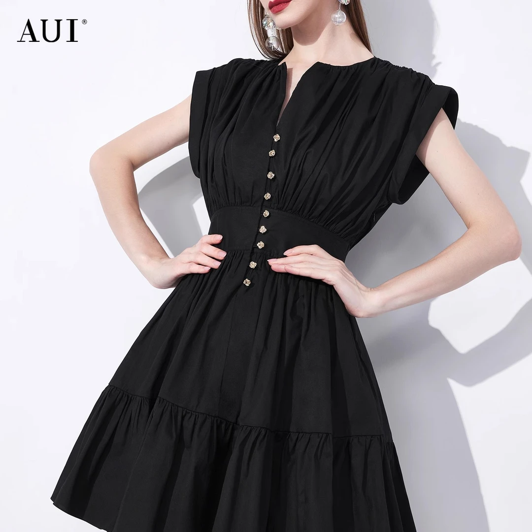 【七语专属】aui黑色设计高级褶皱连衣裙收腰小黑裙-23W012591