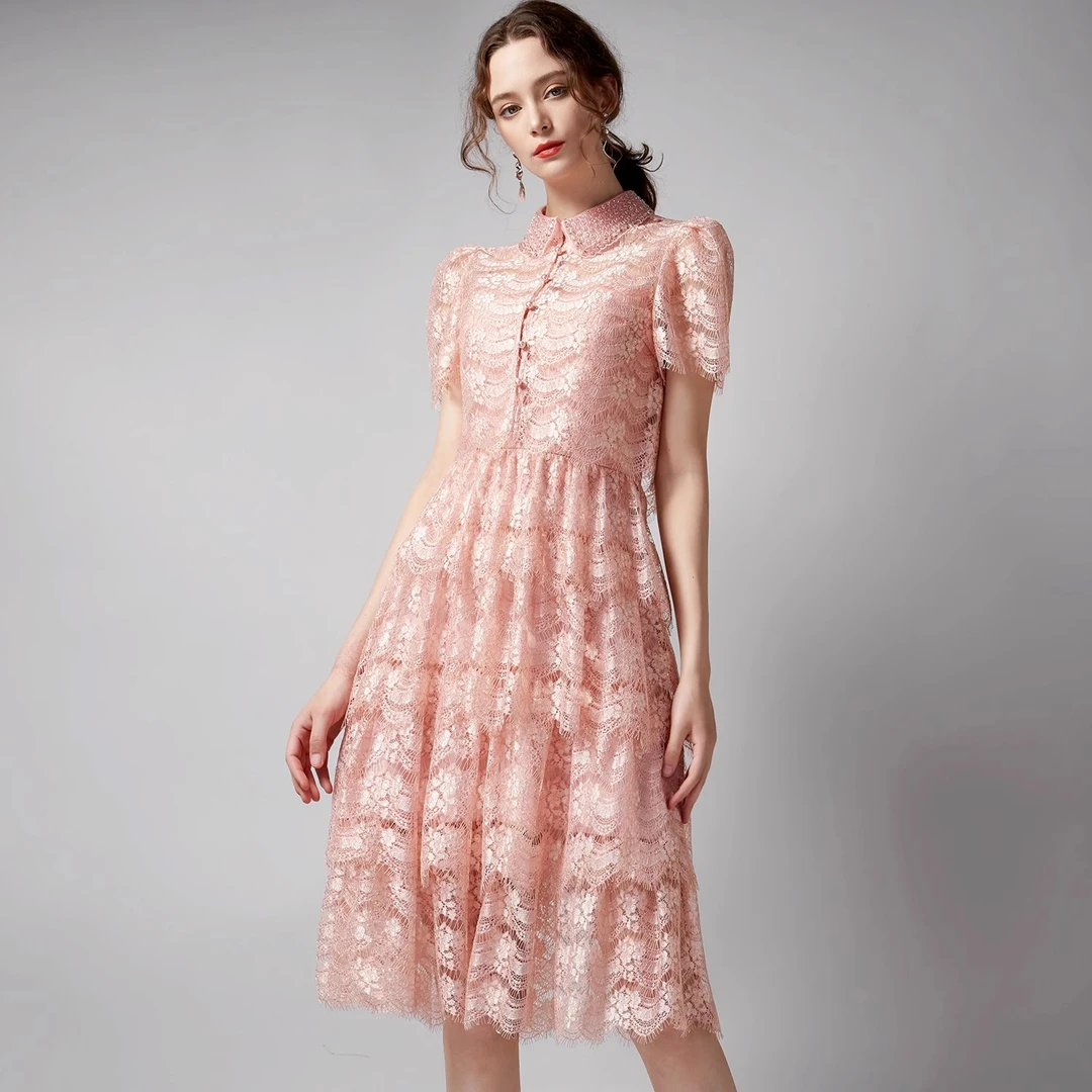 【小铃铛】AUI粉色气质减龄蕾丝小香风连衣裙套装-24X024088H