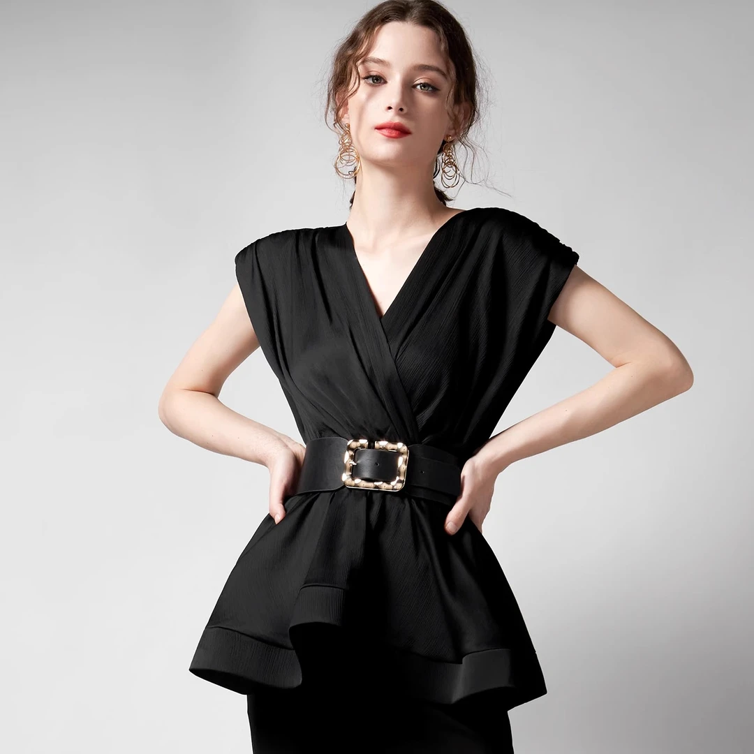 【诗语专属】aui黑色气质V领衬衫女设计感职业高级感衬衣-24W054551