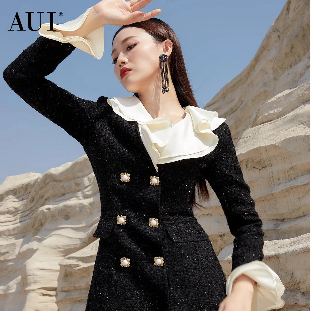 【白姐小雅】AUI黑色气质名媛修身小香风毛呢外套女-23D093083