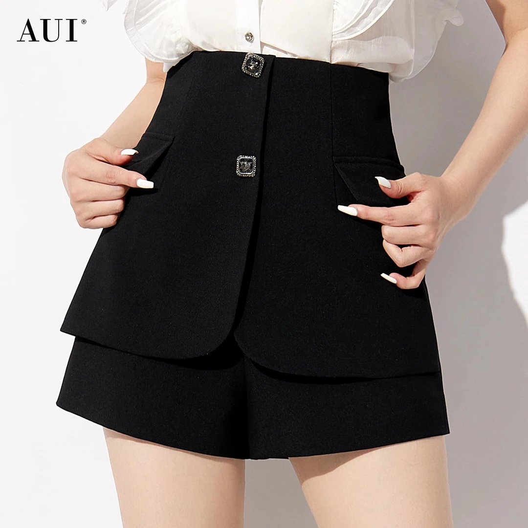 【诗语专属】AUI黑色小个子高腰显瘦阔腿裤短裤女-西装24W014276