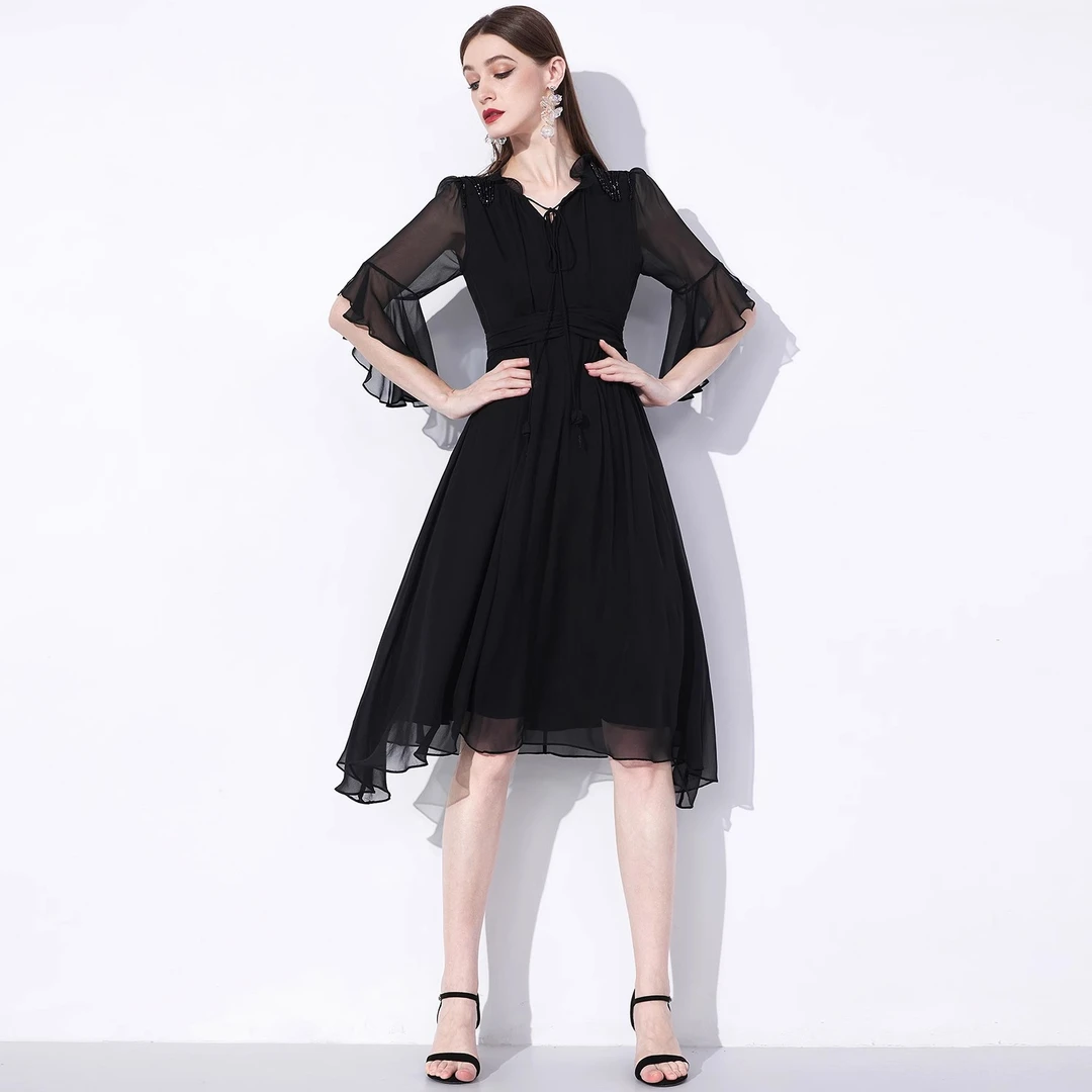 【诗语专属】黑色气质雪纺连衣裙2024夏高腰中长裙-23X012586