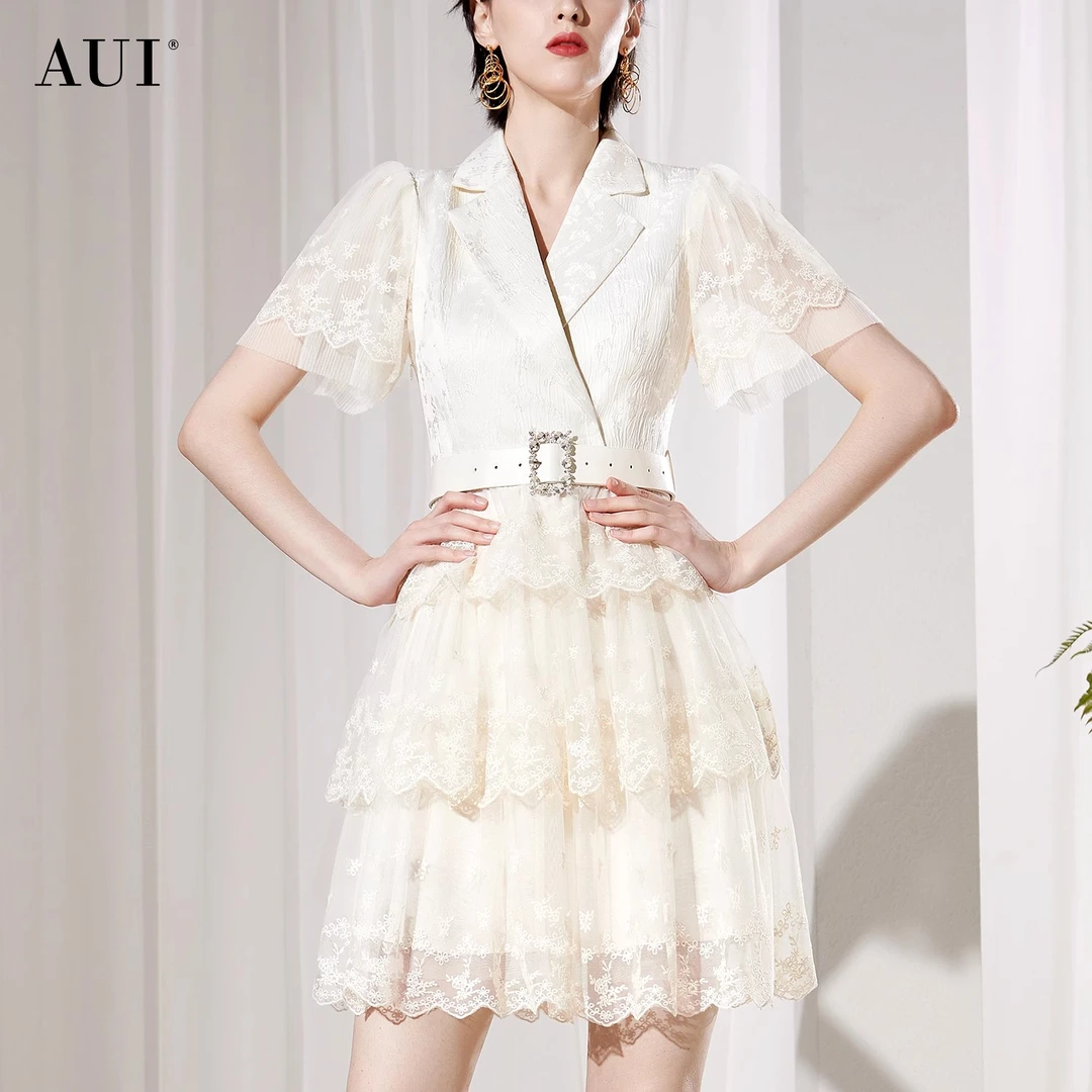 【媛媛女王专享】AUI设计感提花西装连衣裙网纱蛋糕裙-24X014099