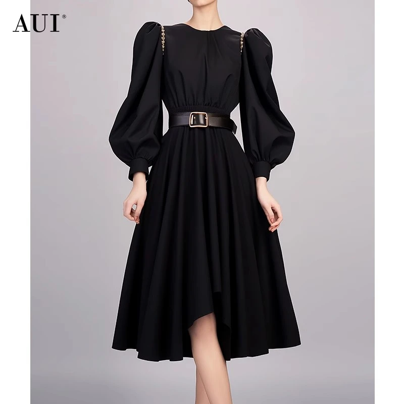 【诗语专属】AUI黑色名媛气质泡泡袖收腰修身连衣裙-24W014919