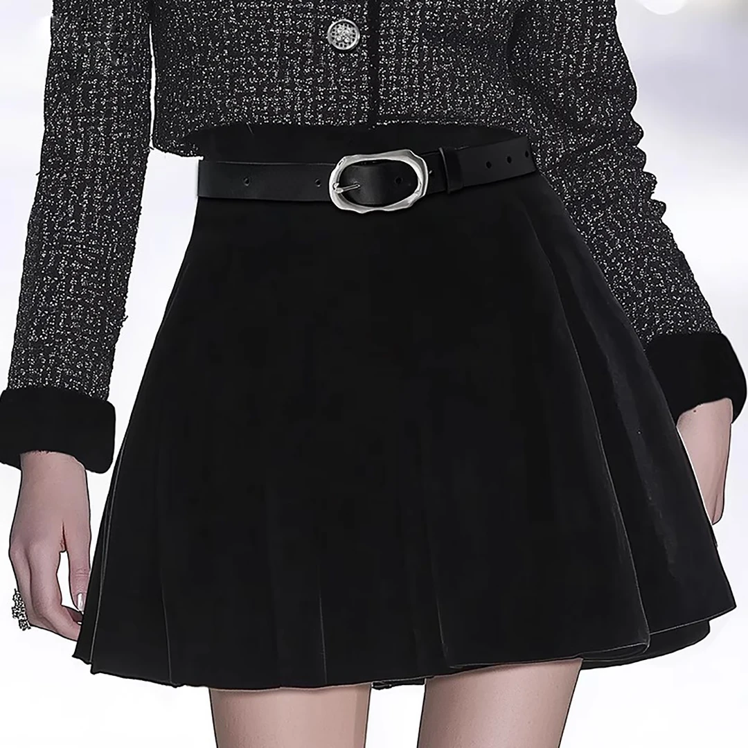 【媛媛女王专享】黑色御姐气质小众高腰显瘦丝绒半身裙-24W146063