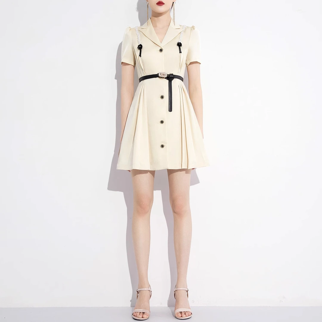 【诗语专属】杏色西装连衣裙女2023夏季修身百褶中长裙-22G011003