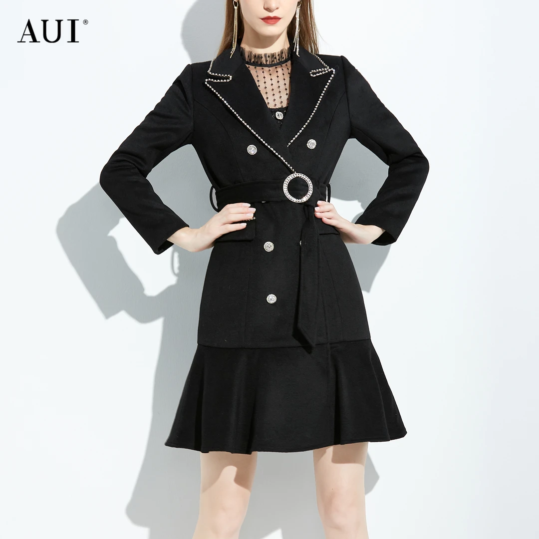 【媛媛女王专享】AUI黑色设计感毛呢大衣修身呢子外套-20D097213