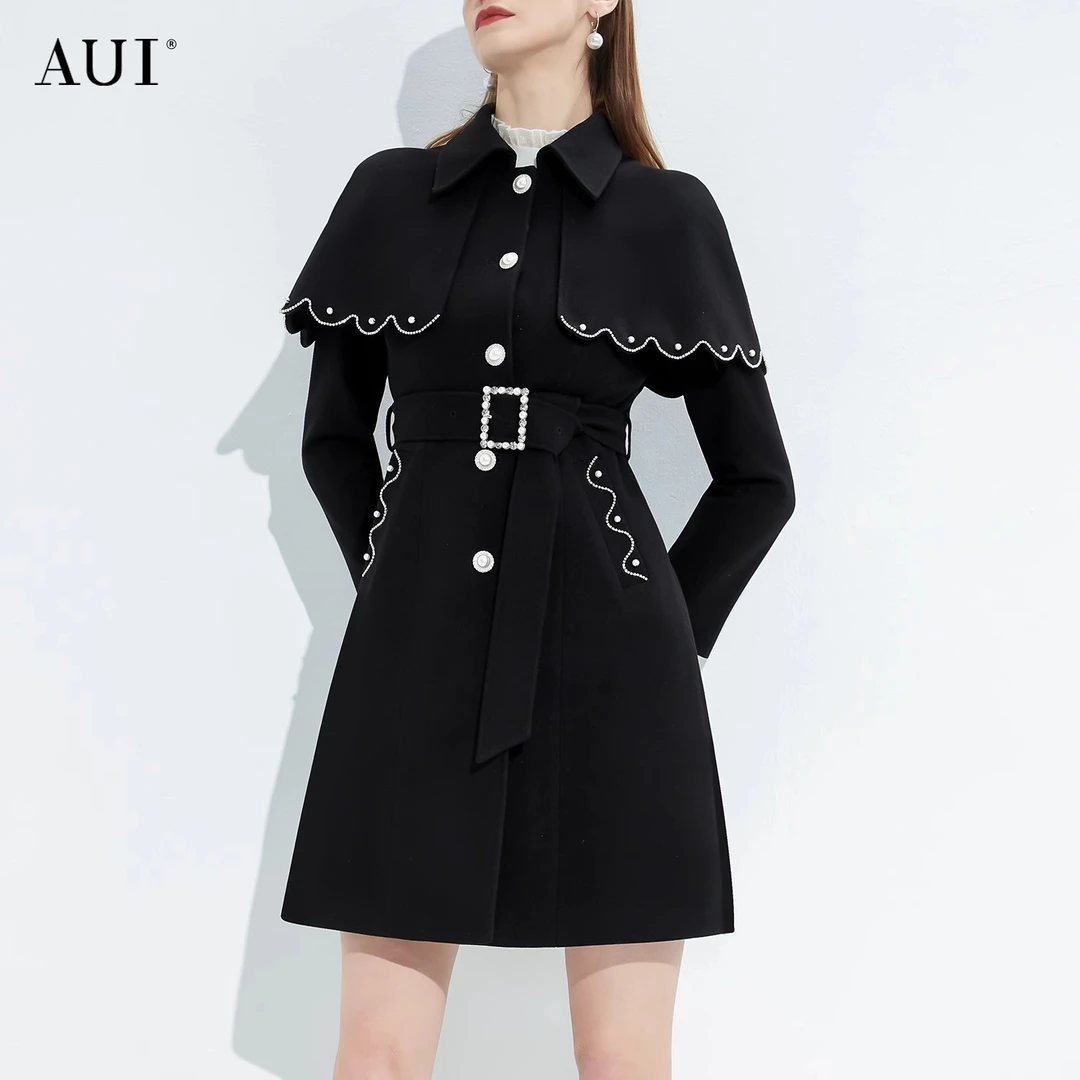 【彭彭echo专属】AUI黑色斗篷披肩毛呢外套中长呢子大衣-21L099525