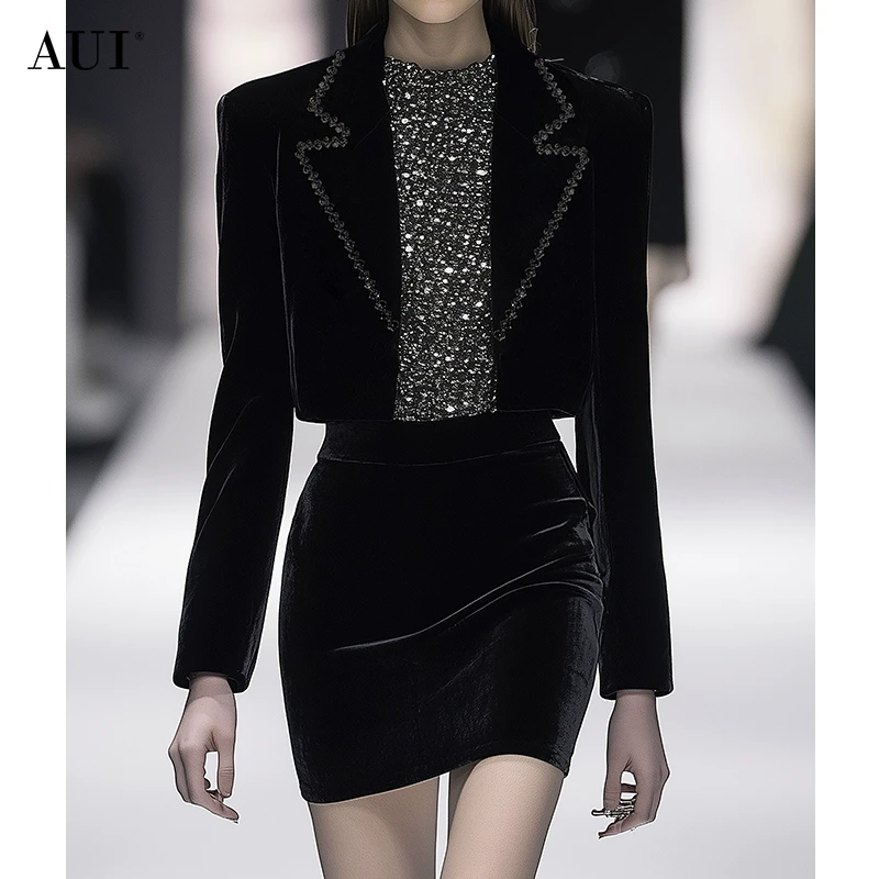 【媛媛女王专享】AUI黑色设计感丝绒外套包臀裙-24D146471