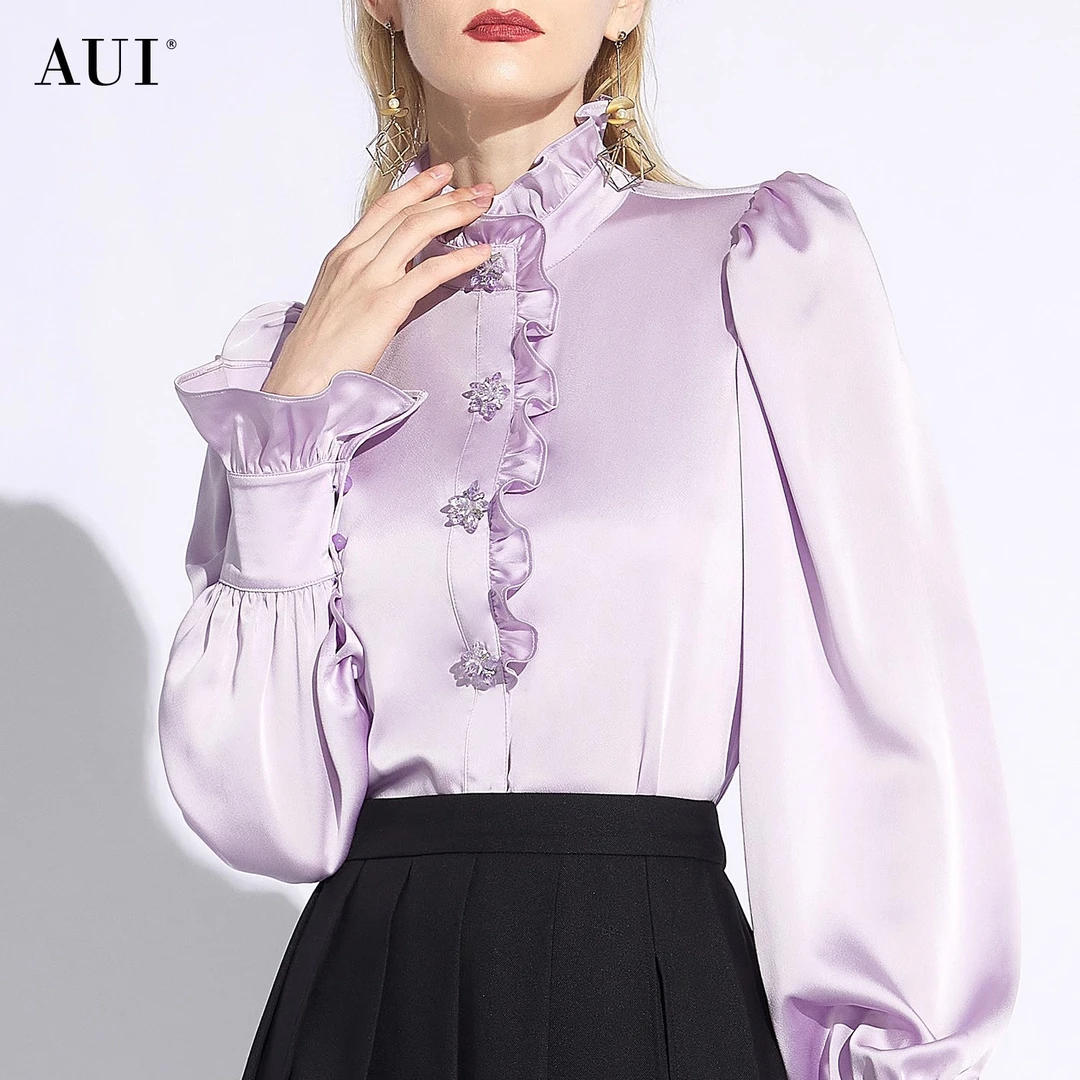 【媛媛女王专享】AUI紫色小众泡泡袖立领衬衫女春秋-24W053928