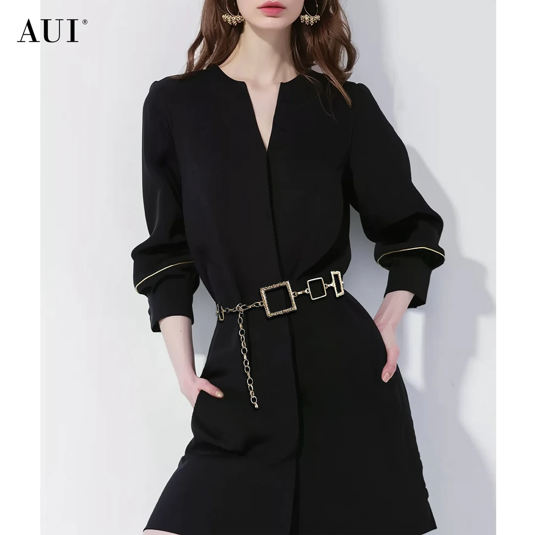 【晴姐专属】AUI气质黑v领修身连衣裙洋气收腰显瘦a字裙-24W015088