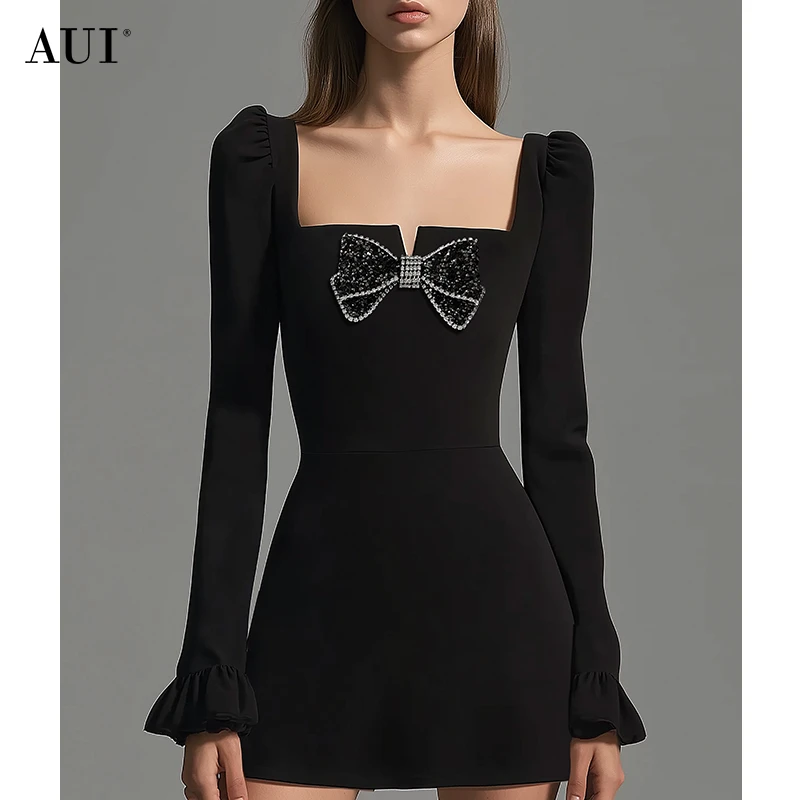 【媛媛女王专享】AUI黑色气质方领长袖连衣裙显瘦小黑裙-24W015871