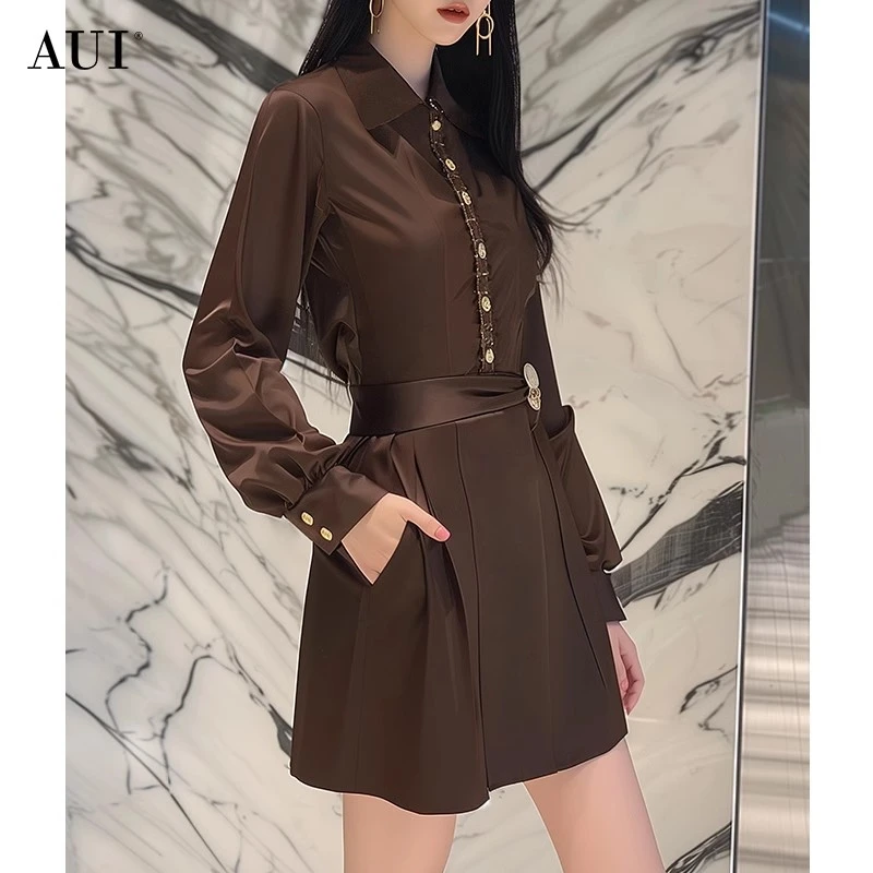 《粉丝专属》AUI棕色工装气质假两件连衣裙衬衫裙-24W014981