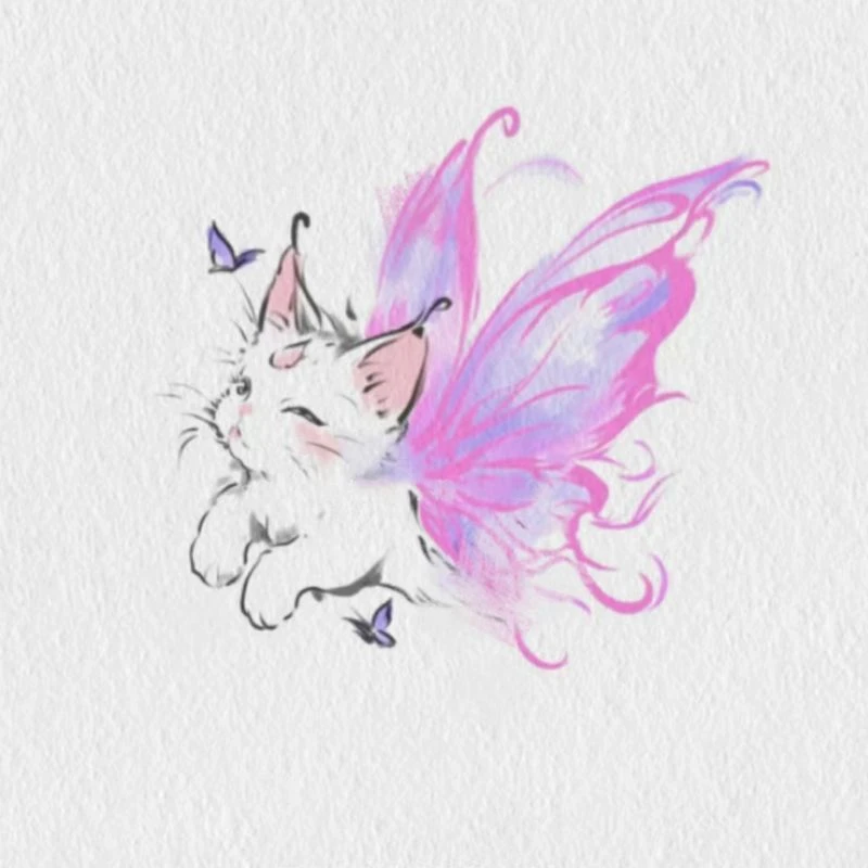 梦幻小猫咪追逐彩色纹身贴ins少女心甜酷手臂锁骨莫奈花园风