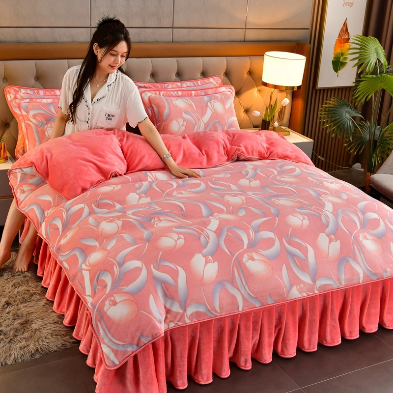 A类升级款加厚双面绒保暖印花牛奶绒床裙四件套毛绒被套