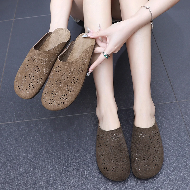 夏季真皮包头拖鞋女休闲复古镂空半拖鞋凉鞋平底外穿居家洞洞女鞋