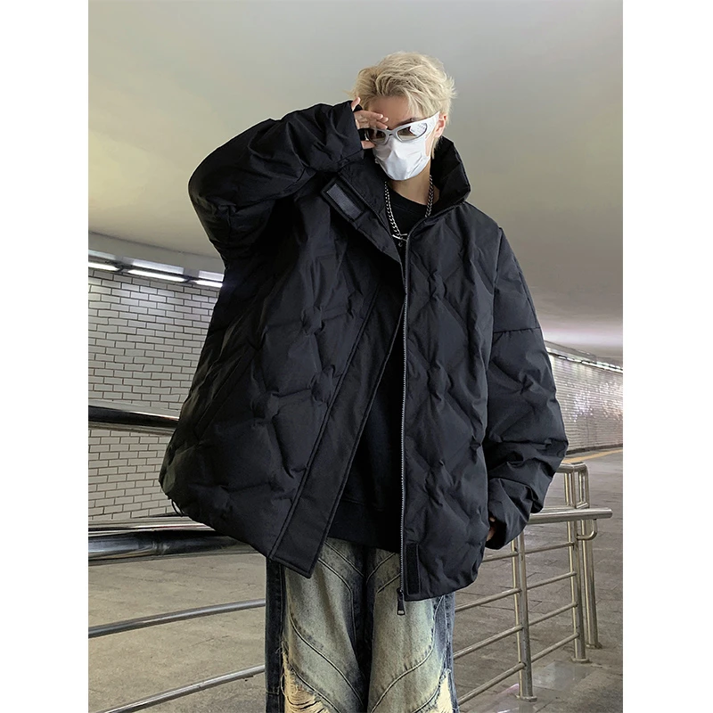菱形格棉服男女潮流痞帅冬季宽松大码加厚保暖小众设计感棉衣外套