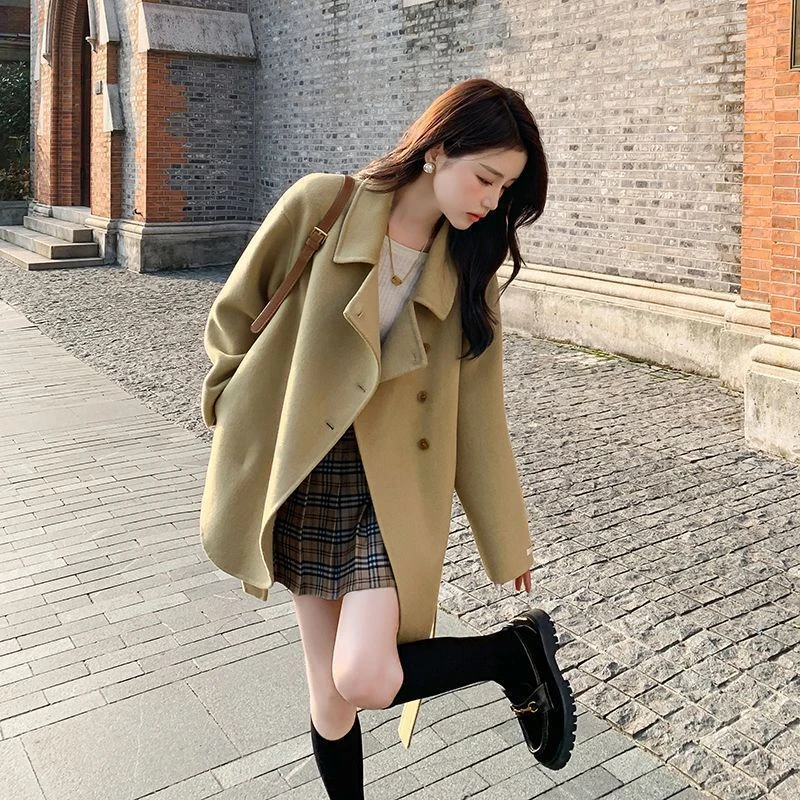 加厚呢子大衣女2023秋冬韩系设计感小个子外套宽松大码保暖外套潮