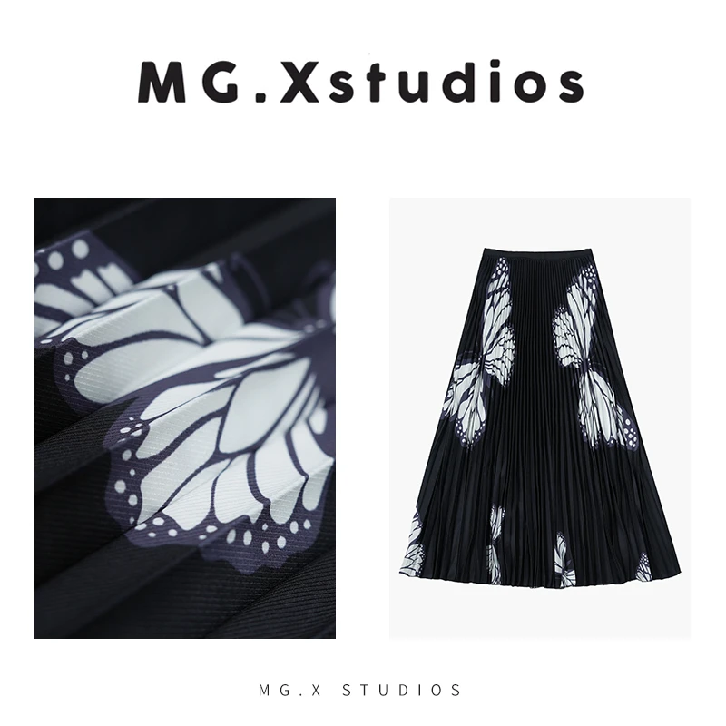 【玖弦】MGX休闲半身裙高弹性时尚复古蝴蝶元素褶皱波纹M3621432Q06