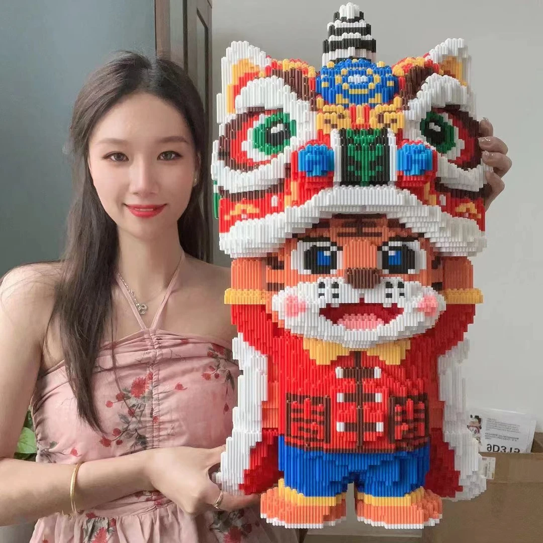 DIY国潮醒狮拼图玩具积木小颗粒拼装模型