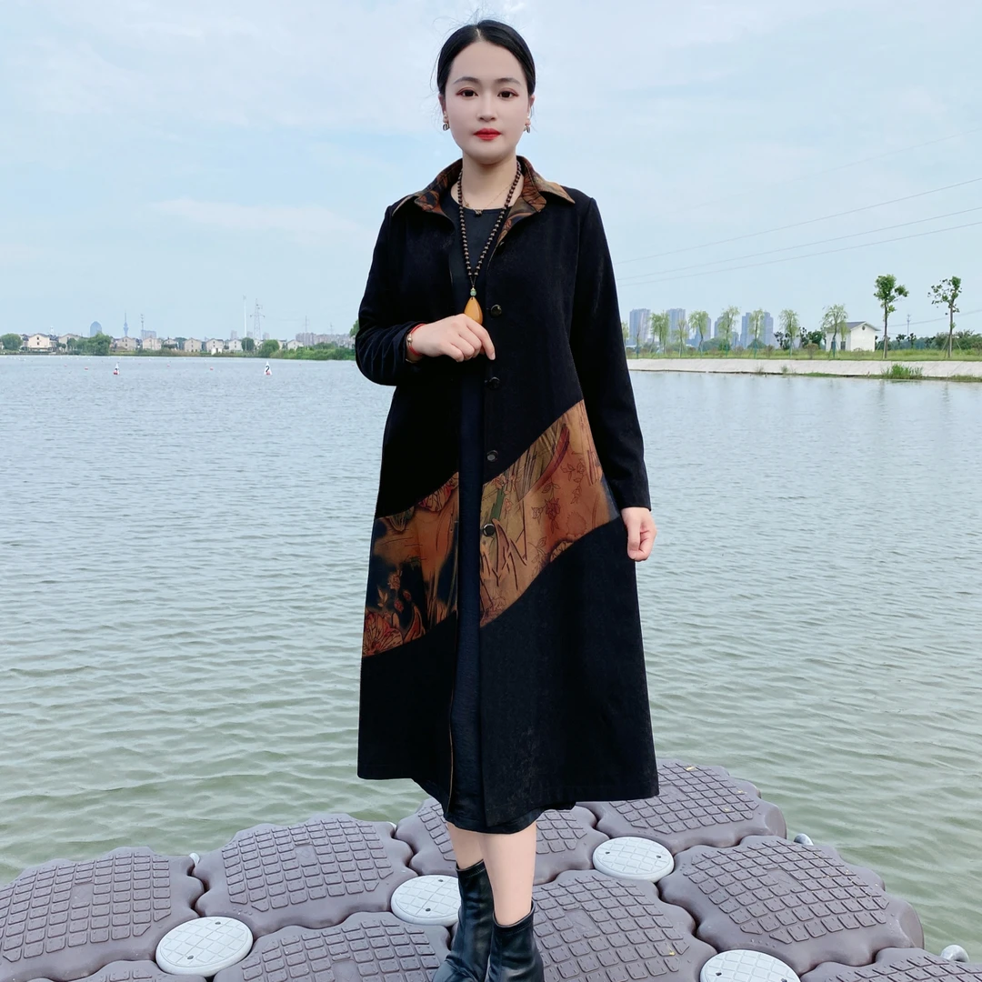 秋季大码宽松时尚气质洋气拼接显瘦中长款过膝妈妈装方领风衣外套