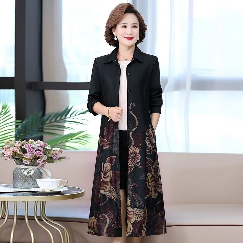 秋季时尚中老年洋气妈妈装大码中长款宽松显瘦过膝气质风衣2378