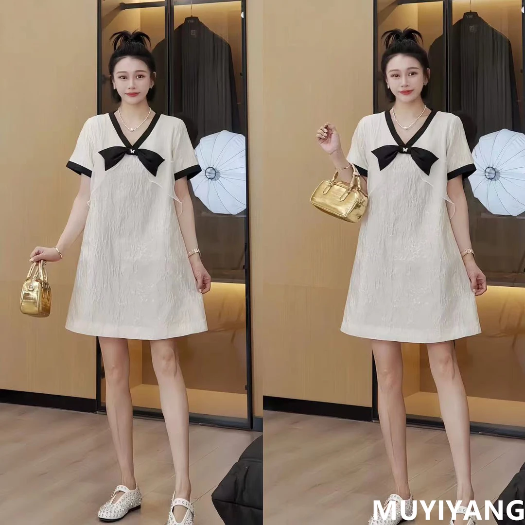 【白月光】设计感提花蝴蝶结拼接撞色连衣裙 衣长90 24-401#