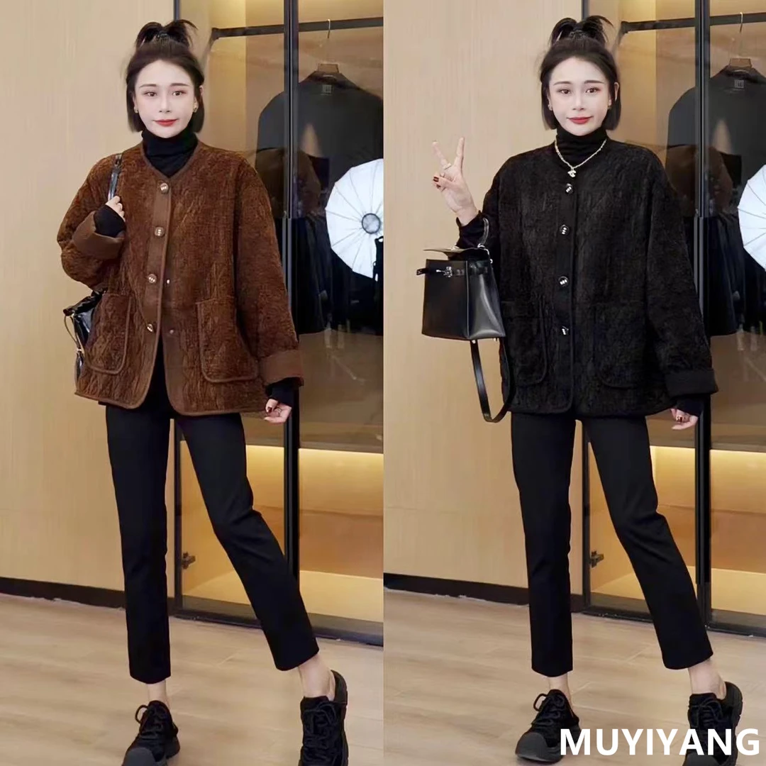 【初落】小众宽松复古菱格丝绒高定版休闲外套 衣长67 24-568#