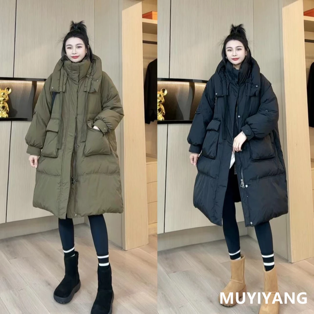 【木易杨】设计感褶皱帽抽绳长款保暖羽绒外套 衣长96 23-828#
