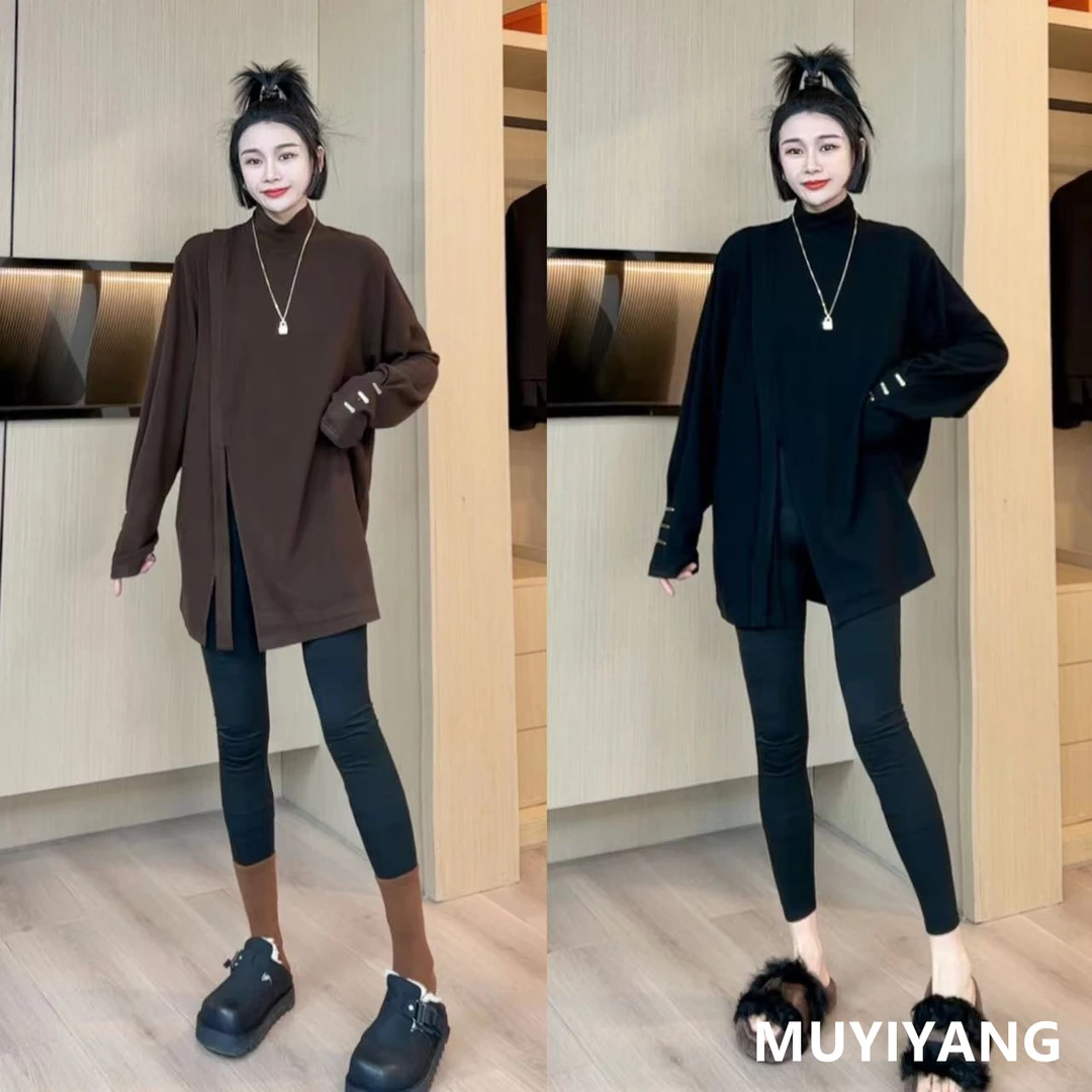 【木易杨】袖口金属扣下开叉德绒小立领打底衫 衣长73 23-874#