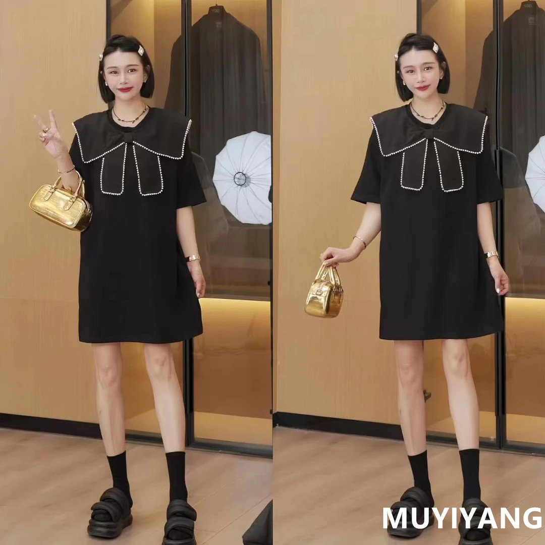 木易杨［霓裳羽衣］娃娃领镶嵌珍珠减龄宽松直筒裙 衣长83 24-270#