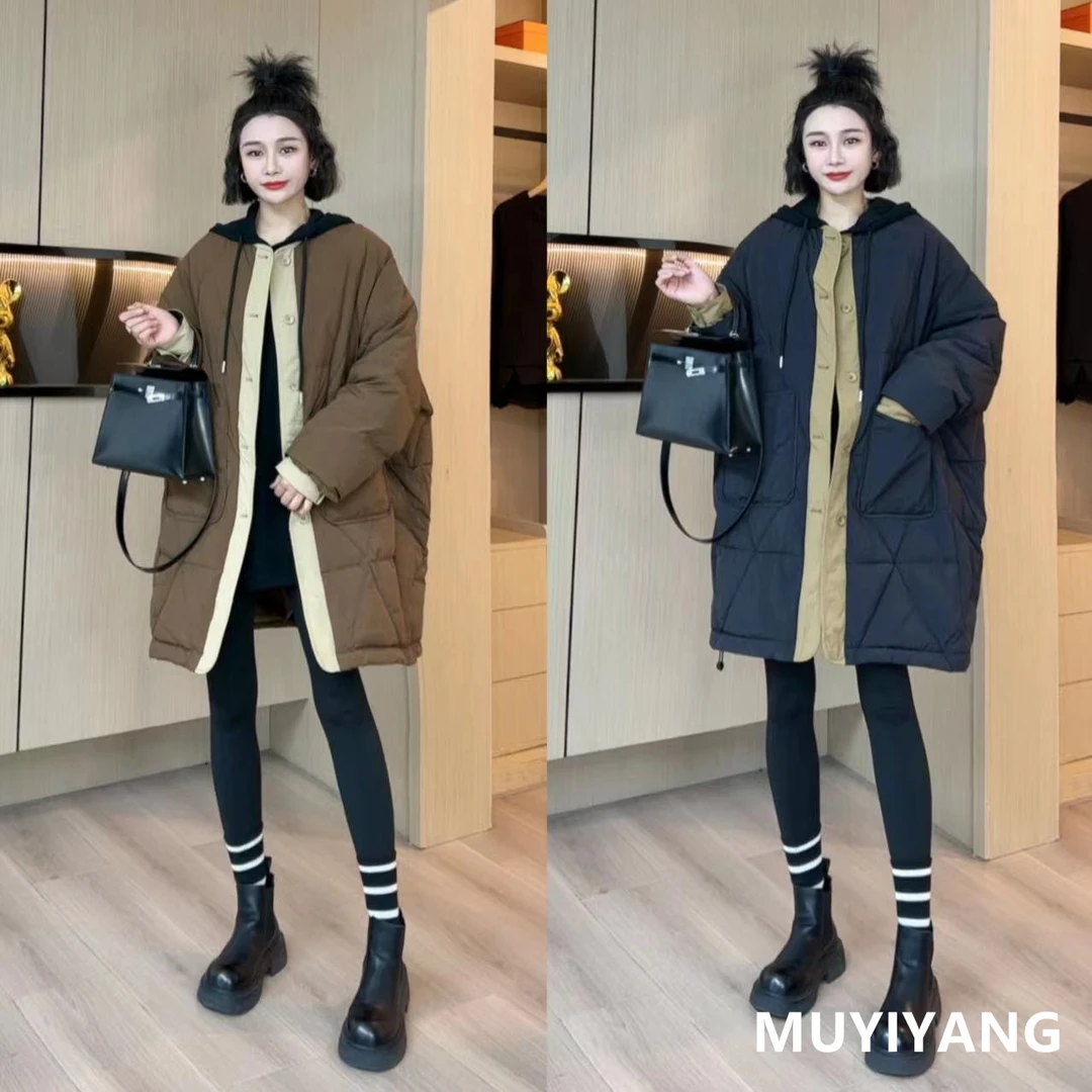 【木易杨】撞色拼接经典宽松中长高品羽绒服 衣长88 23-804#