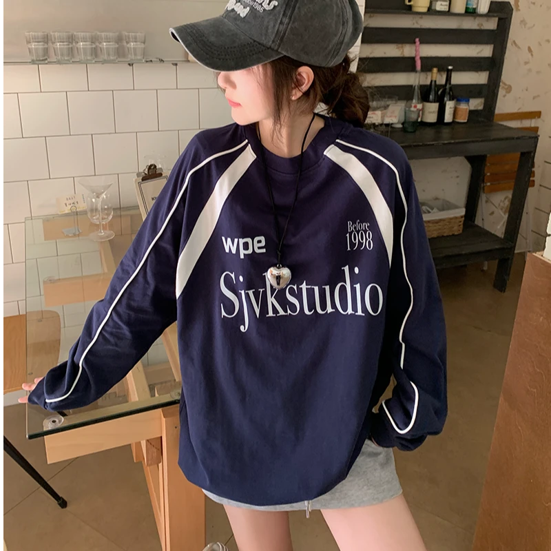 囍丸Fairy-长袖T恤薄款打底衫拼色圆领上衣女