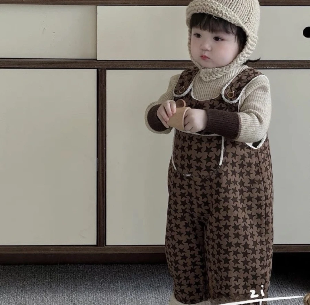 2024繁星背带裤加厚可爱大口袋加绒保暖翻边韩版连体裤秋冬新款