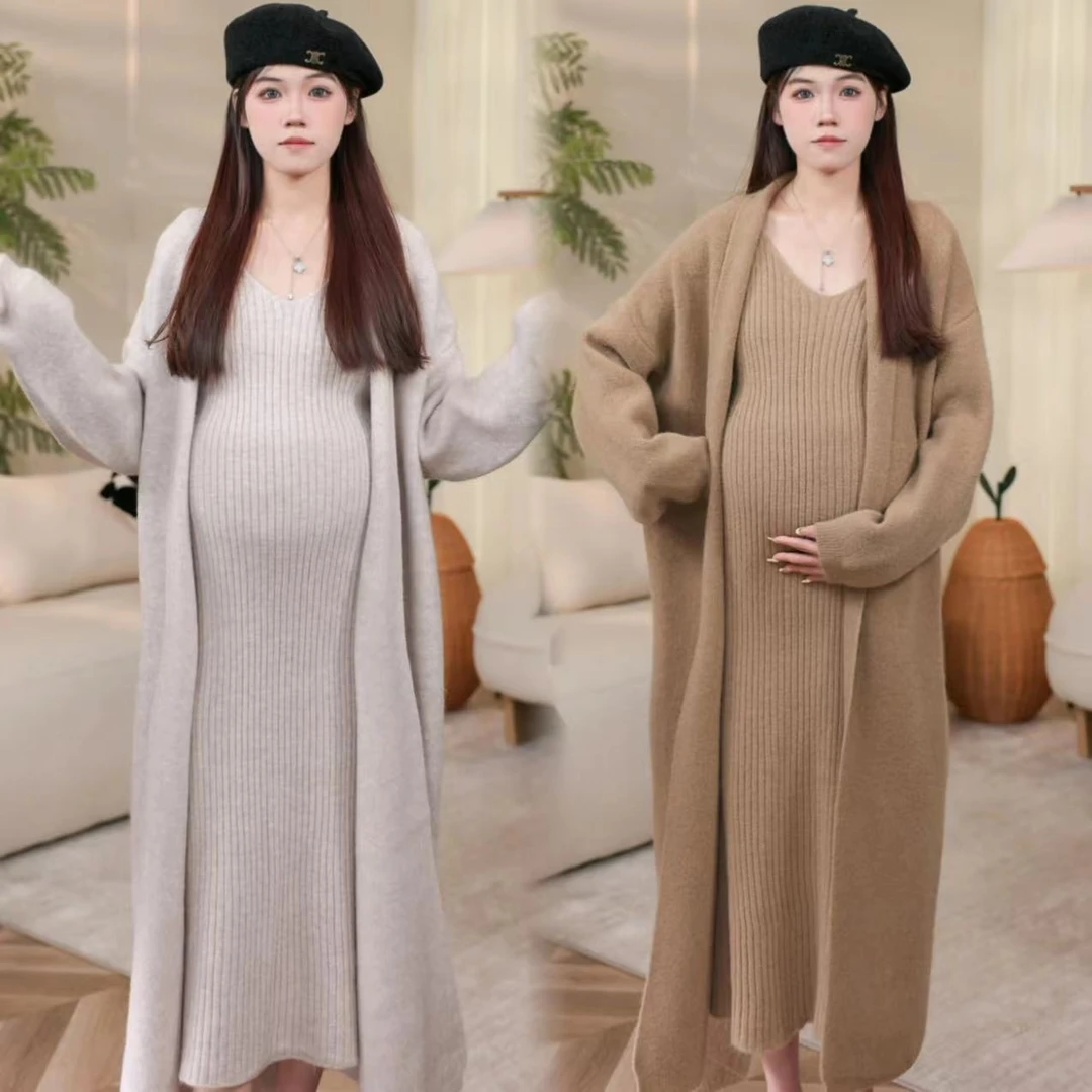 孕妇两件套时尚中长款外套+显瘦弹力背心裙套装