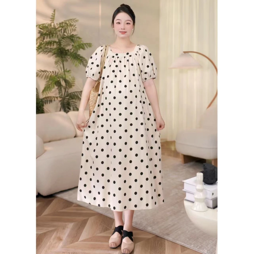 孕期200斤可穿时尚方领波点印花宽松连衣裙（含腰带）