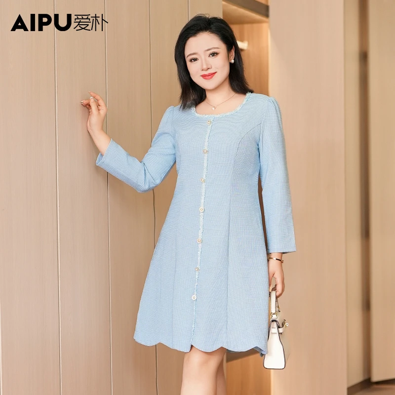 爱朴大码女装春季新款显瘦遮肉外出洋气百搭气质高贵连衣裙21551