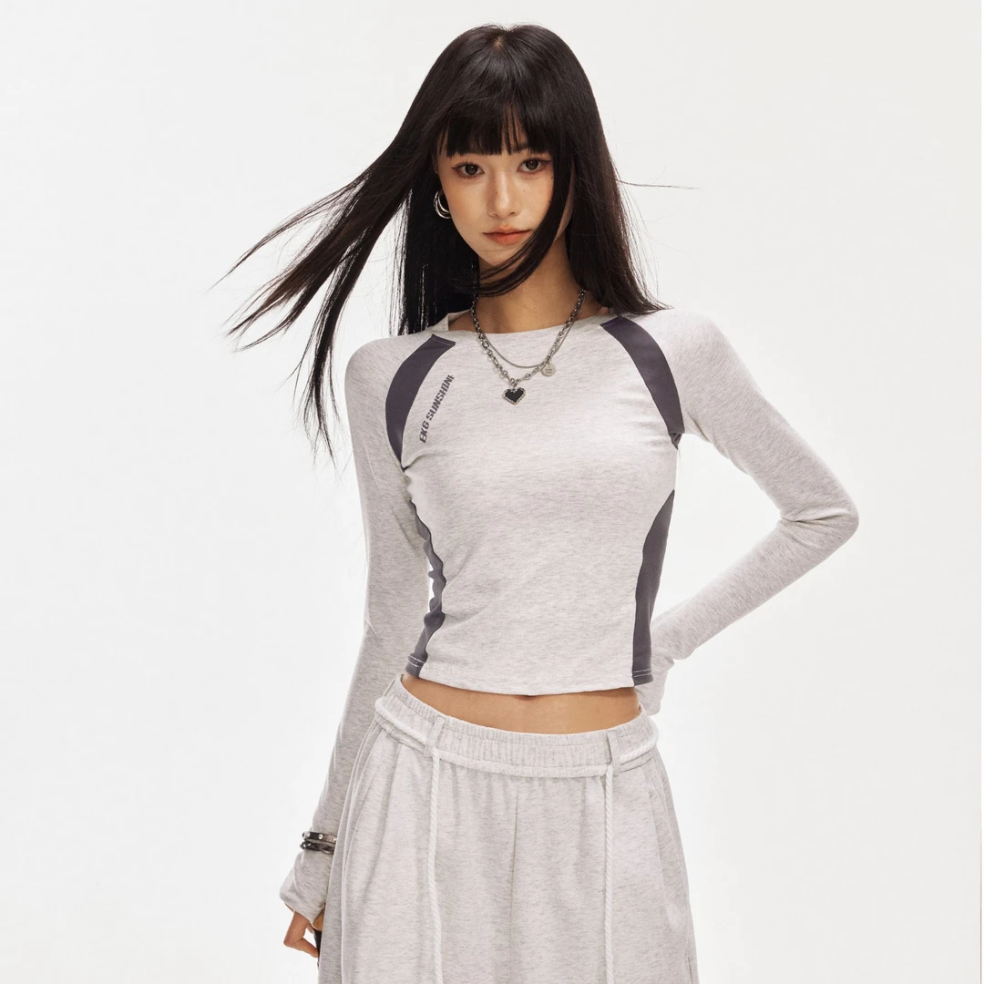 拍朵时尚拼色运动上衣女圆领弹力瑜伽春季专业户外跑步训练健身服