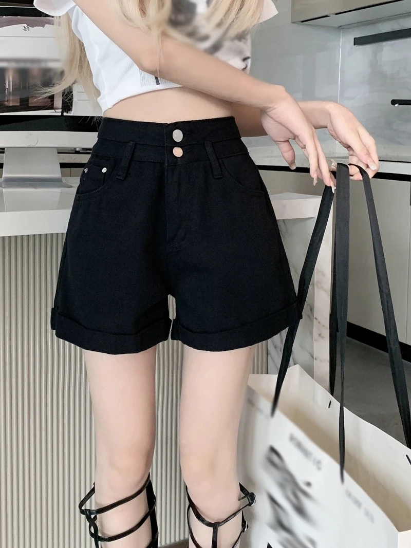 双扣高腰牛仔短裤女卷边显瘦显高