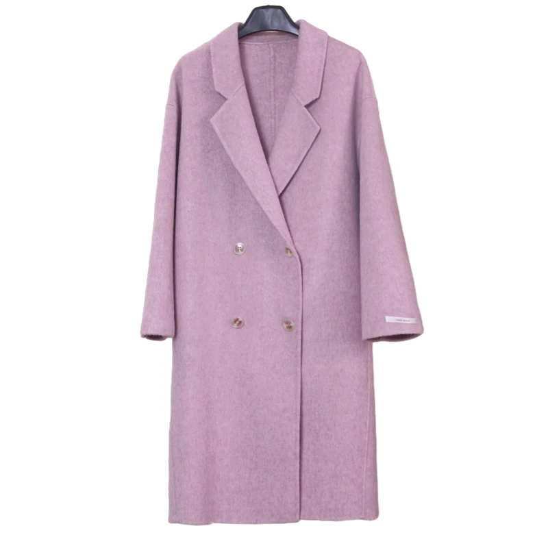 四粒扣紫色双面羊毛大衣长款过膝双排扣V领