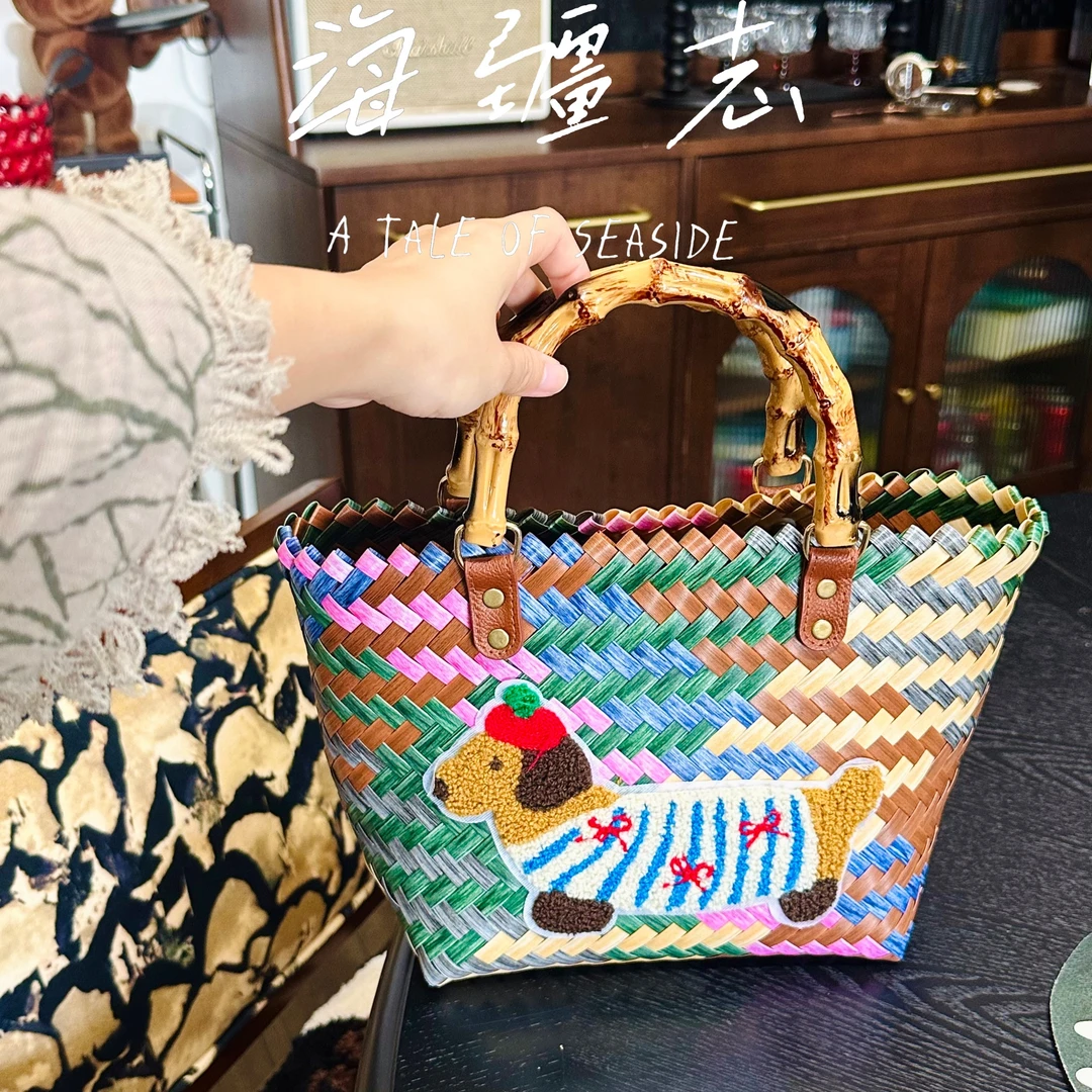 腊肠小狗菜篮子上班通勤包包手提复古竹节包包防水包饭盒包便当包