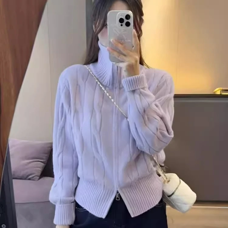 高领双拉链毛衣外套女2024新款秋冬宽松设计感洋气长袖针织衫上衣