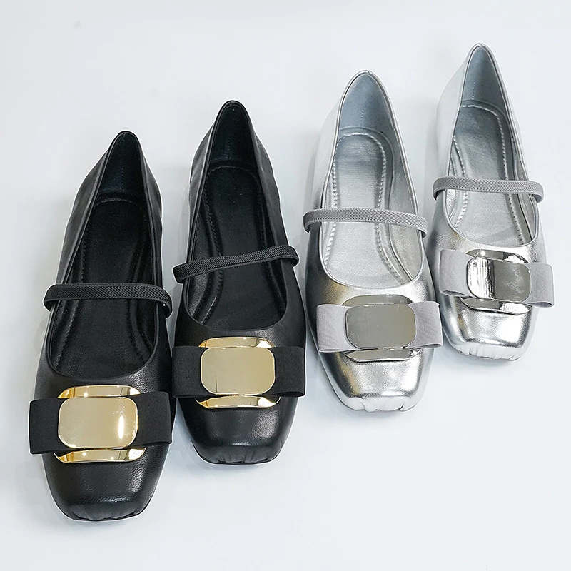 2024新款银色平底方头玛丽珍时尚法式低跟百搭气质猪鼻子芭蕾舞鞋